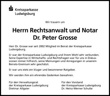 Traueranzeige von Peter Grosse von Marbacher Zeitung