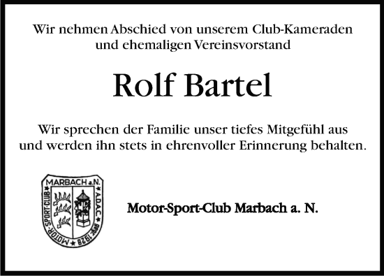 Traueranzeige von Rolf Bartel von Marbacher Zeitung