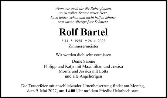Traueranzeige von Rolf Bartel von Marbacher Zeitung