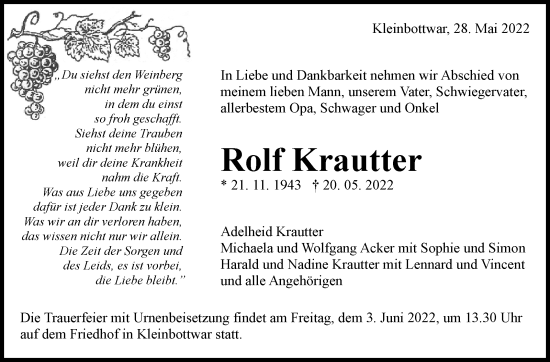 Traueranzeige von Rolf Krautter von Marbacher Zeitung