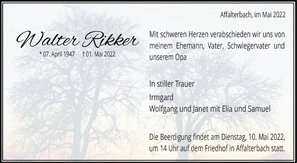  Traueranzeige für Walter Rikker vom 06.05.2022 aus Marbacher Zeitung