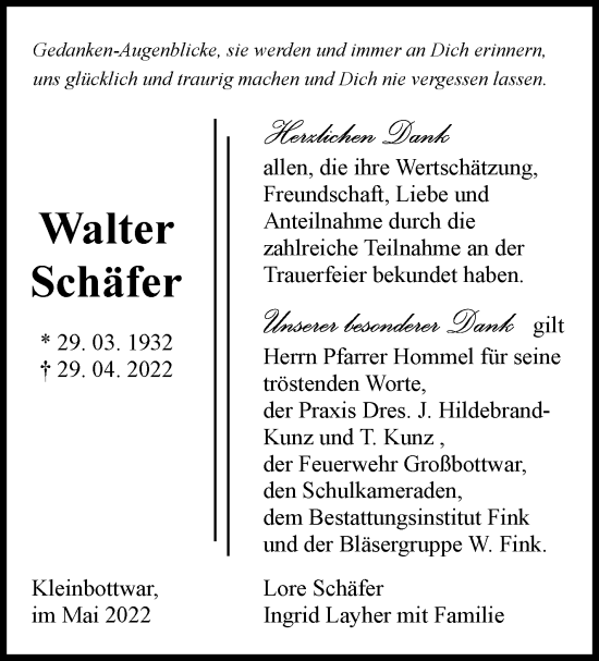Traueranzeige von Walter Schäfer von Marbacher Zeitung