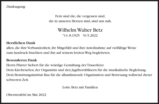 Traueranzeige von Wilhelm Walter Betz von Marbacher Zeitung