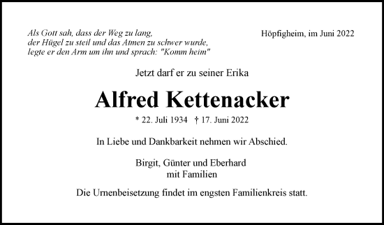Traueranzeige von Alfred Kettenacker von Marbacher Zeitung