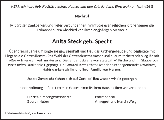 Traueranzeige von Anita Steck von Marbacher Zeitung