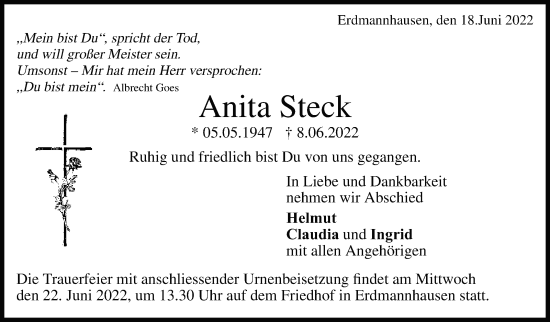 Traueranzeige von Anita Steck von Marbacher Zeitung