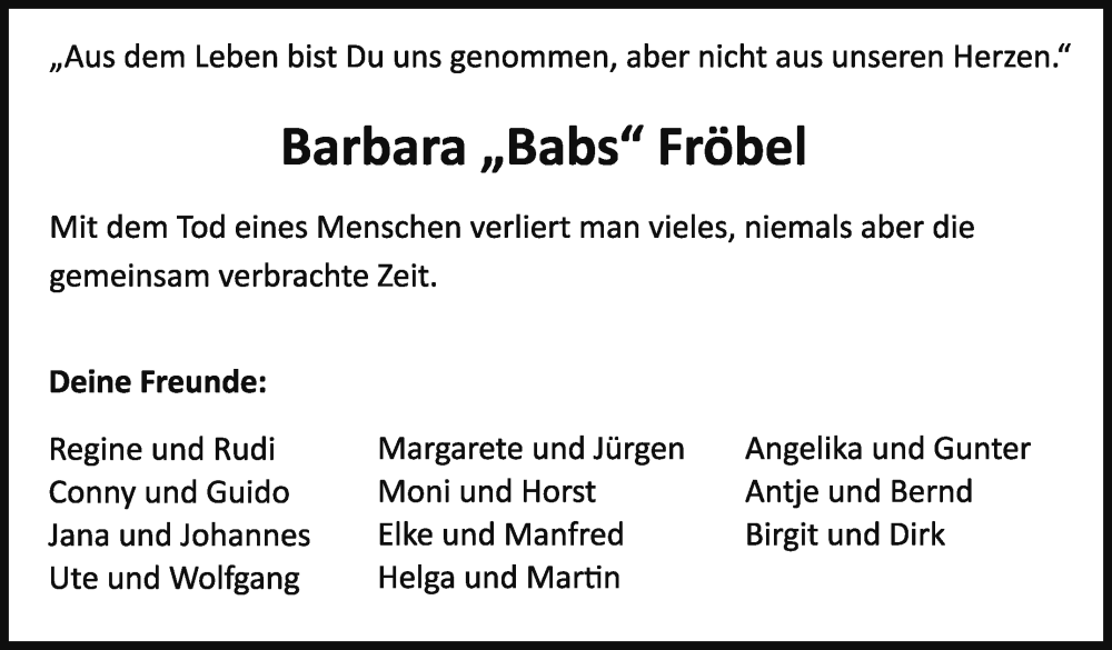  Traueranzeige für Barbara  Fröbel vom 02.06.2022 aus Marbacher Zeitung