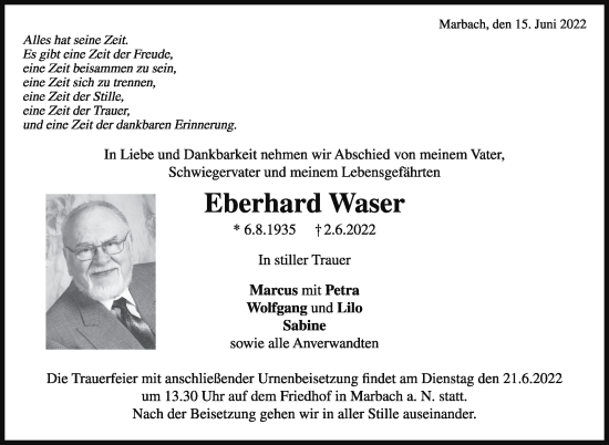 Traueranzeige von Eberhard Waser von Marbacher Zeitung
