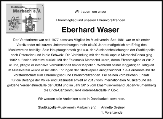 Traueranzeige von Eberhard Waser von Marbacher Zeitung