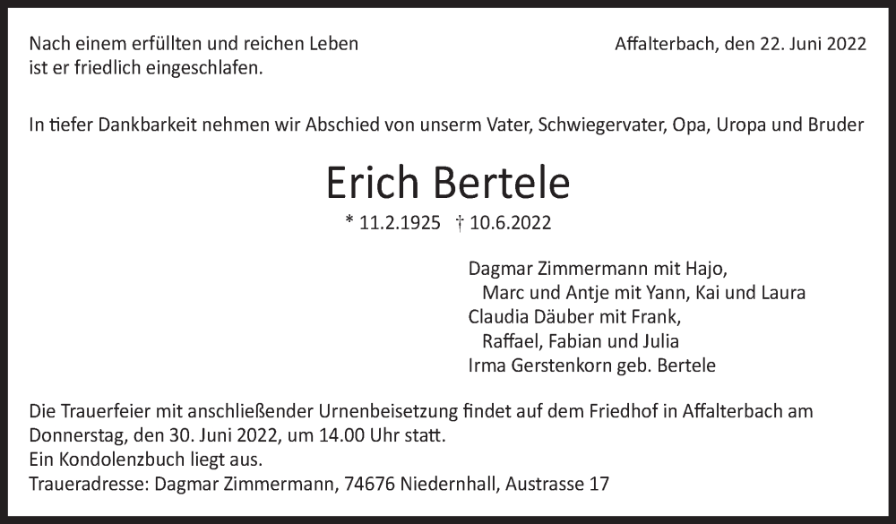  Traueranzeige für Erich Bertele vom 23.06.2022 aus Marbacher Zeitung