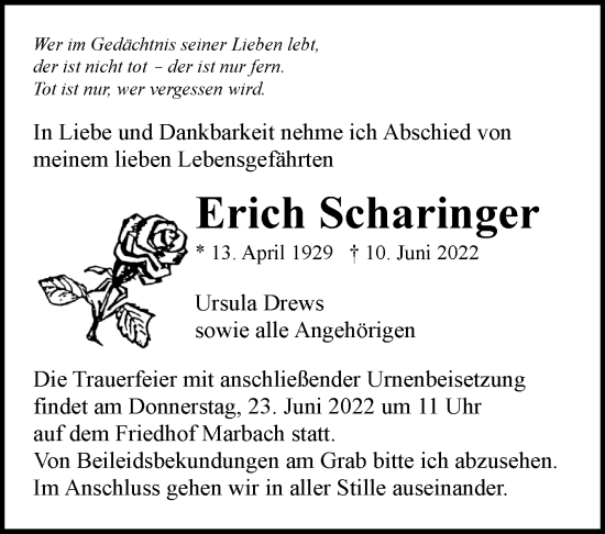 Traueranzeige von Erich Scharinger von Marbacher Zeitung