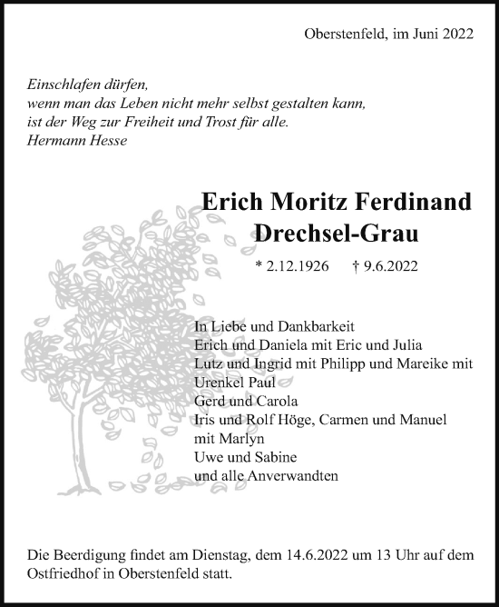 Traueranzeige von Erich Moritz Ferdinand Drechsel-Grau von Marbacher Zeitung