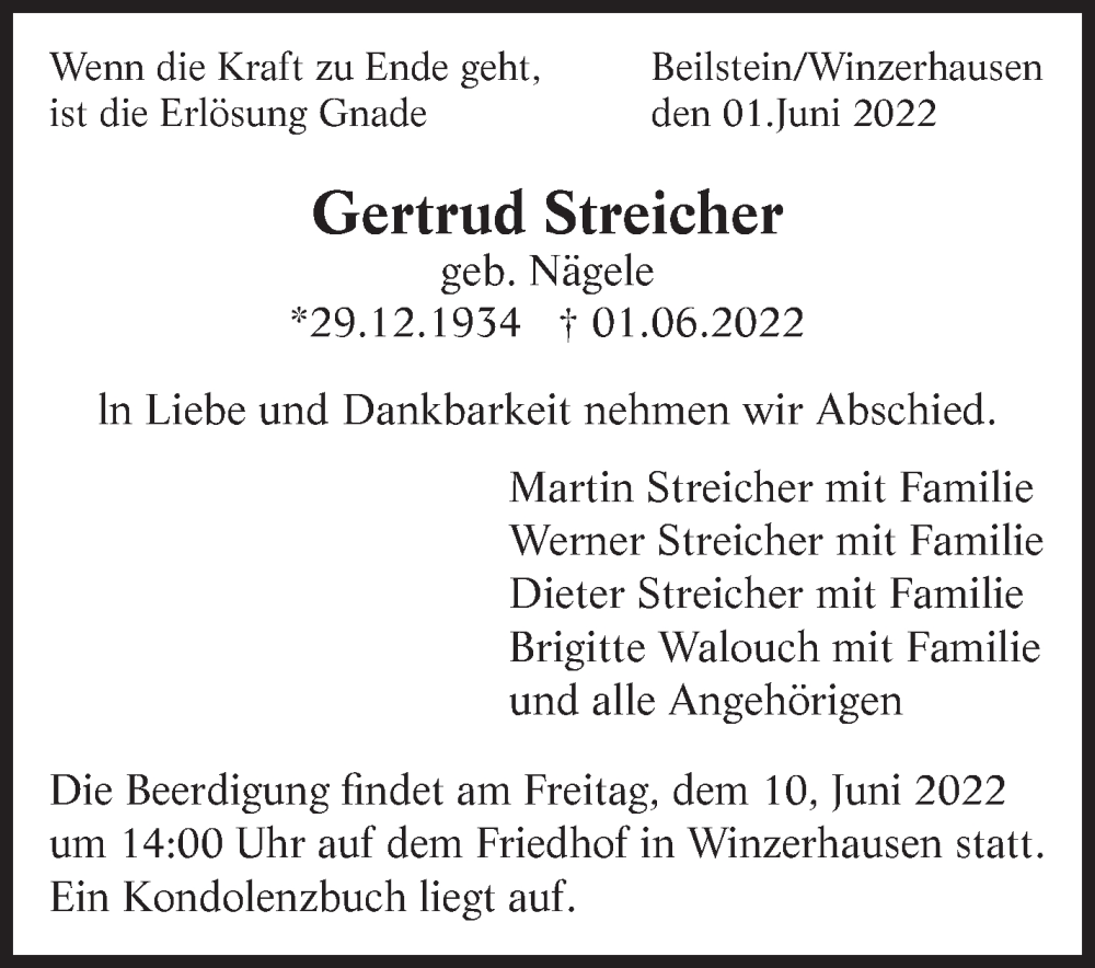  Traueranzeige für Gertrud Streicher vom 04.06.2022 aus Marbacher Zeitung