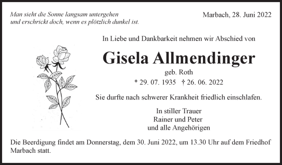 Traueranzeige von Gisela Allmendinger von Marbacher Zeitung