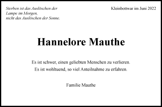 Traueranzeige von Hannelore Mauthe von Marbacher Zeitung