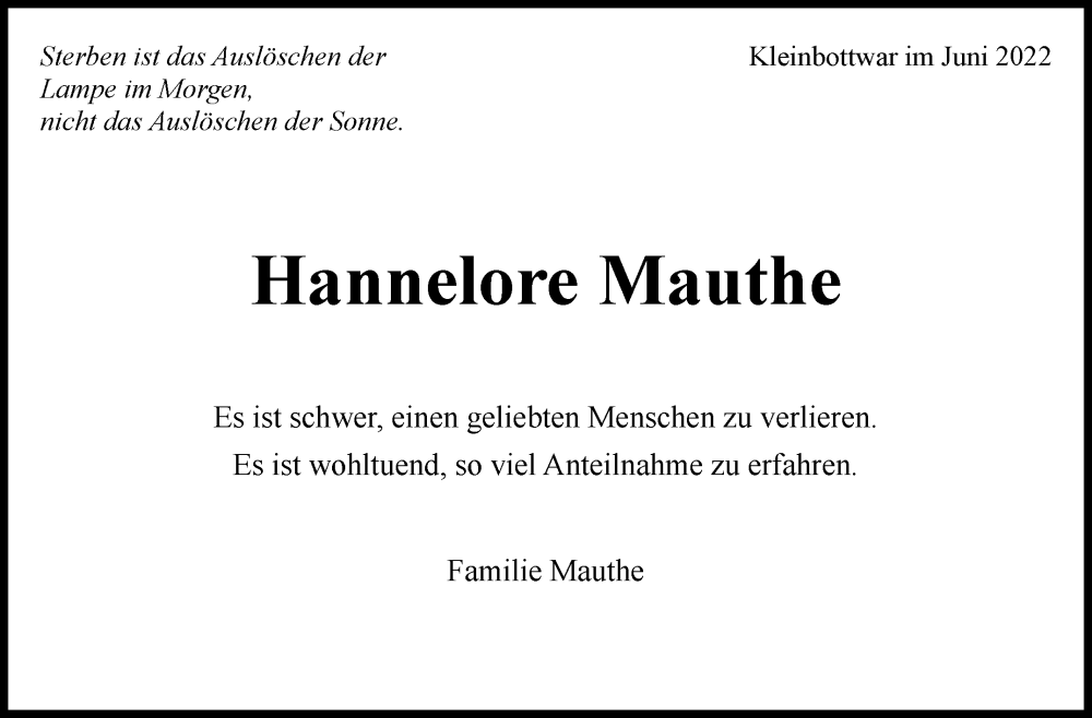  Traueranzeige für Hannelore Mauthe vom 30.06.2022 aus Marbacher Zeitung