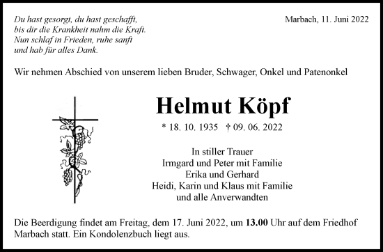Traueranzeige von Helmut Köpf von Marbacher Zeitung