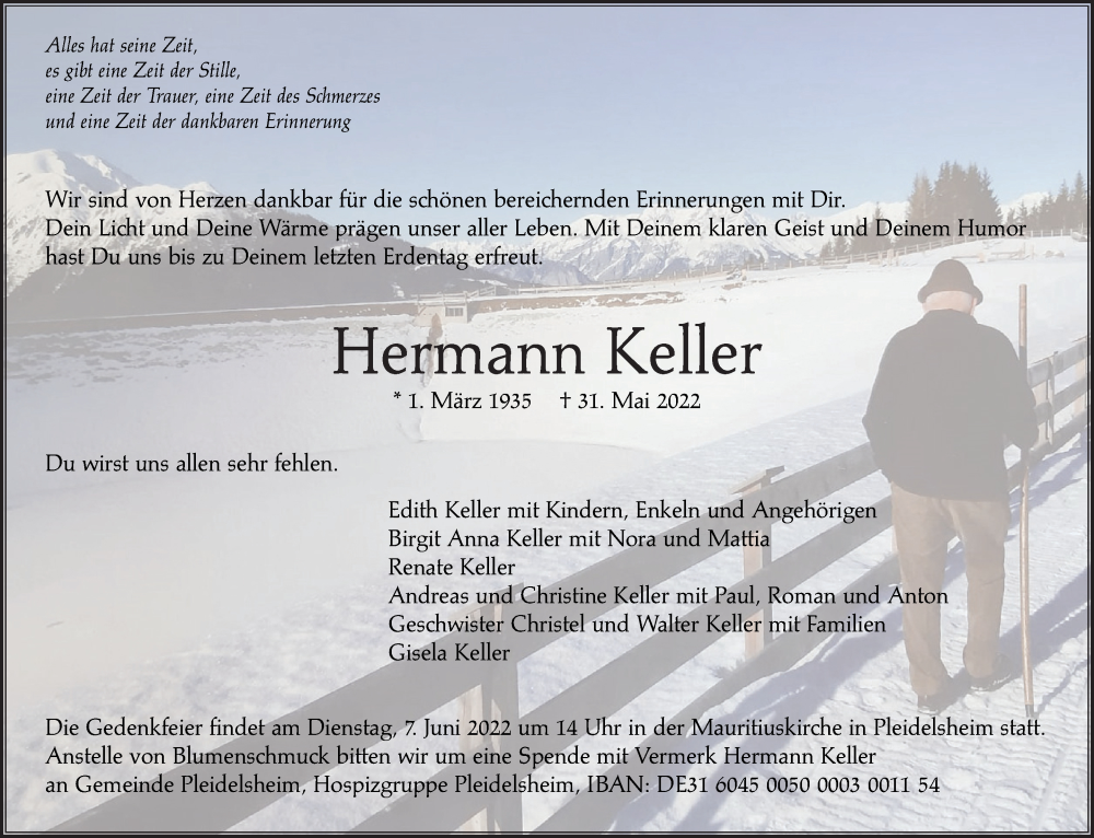  Traueranzeige für Hermann Keller vom 03.06.2022 aus Marbacher Zeitung