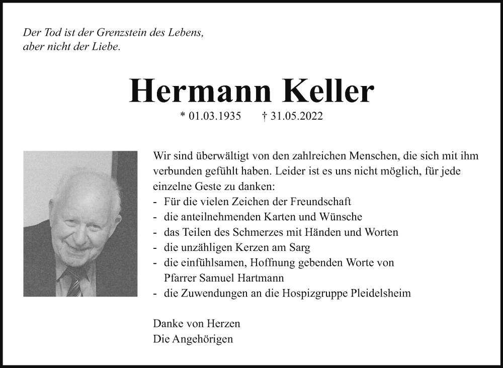  Traueranzeige für Hermann Keller vom 17.06.2022 aus Marbacher Zeitung