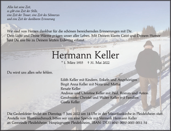 Traueranzeige von Hermann Keller von Marbacher Zeitung