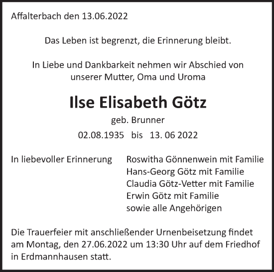 Traueranzeige von Ilse Elisabeth Götz von Marbacher Zeitung
