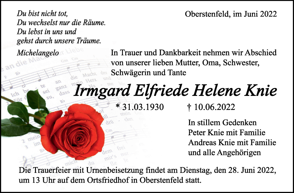  Traueranzeige für Irmgard Elfriede Helene Knie vom 25.06.2022 aus Marbacher Zeitung