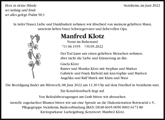 Traueranzeige von Manfred Klotz von Marbacher Zeitung