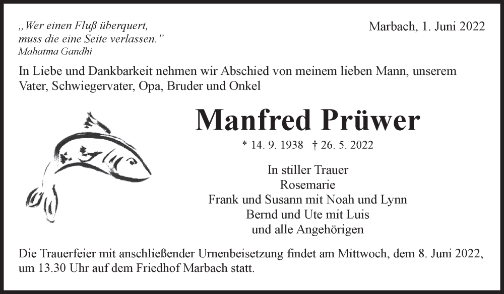  Traueranzeige für Manfred Prüwer vom 01.06.2022 aus Marbacher Zeitung