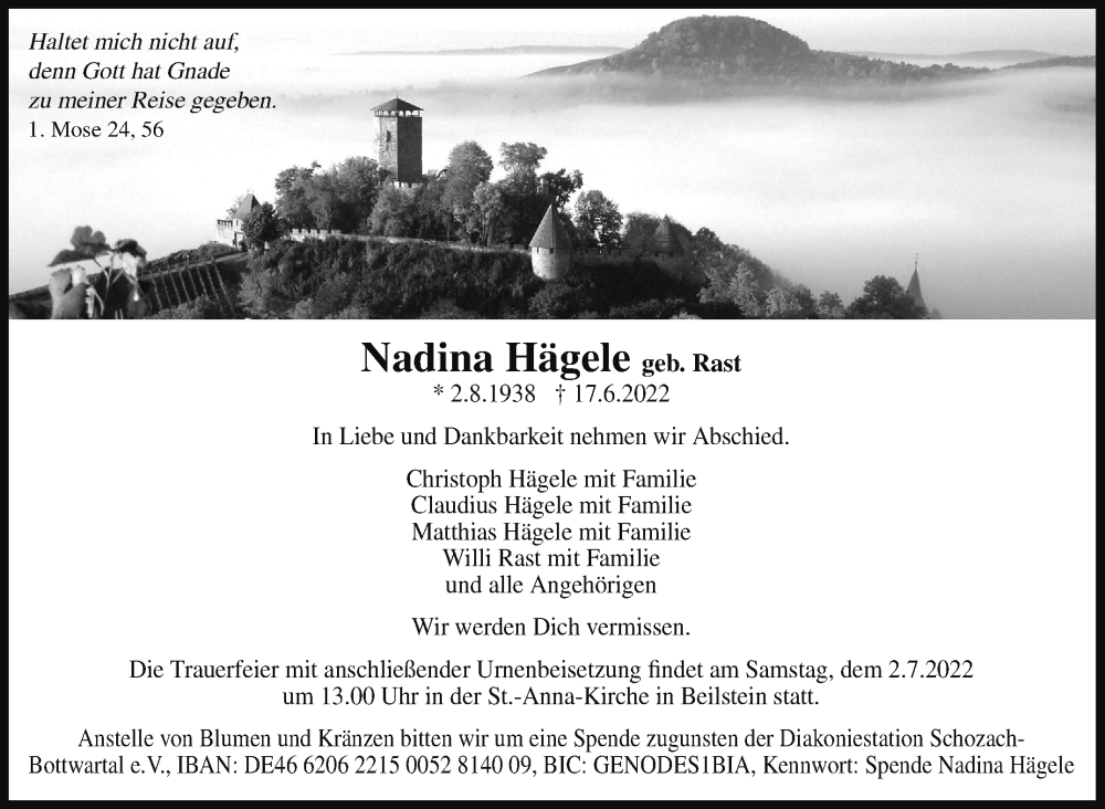  Traueranzeige für Nadina Hägele vom 25.06.2022 aus Marbacher Zeitung