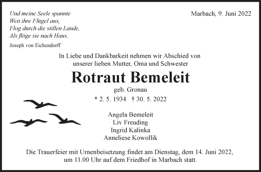  Traueranzeige für Rotraut Bemeleit vom 09.06.2022 aus Marbacher Zeitung