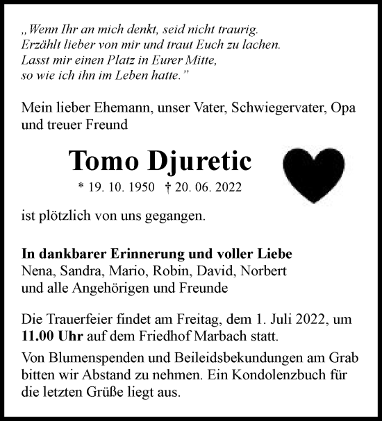 Traueranzeige von Tomo Djuretic von Marbacher Zeitung