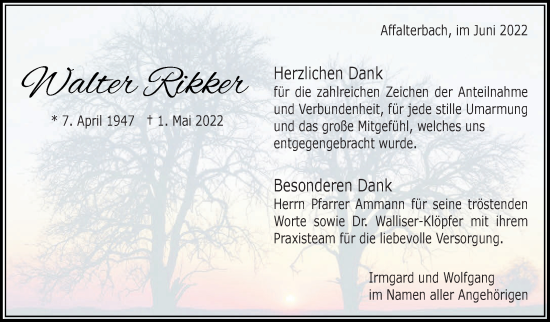 Traueranzeige von Walter Rikker von Marbacher Zeitung