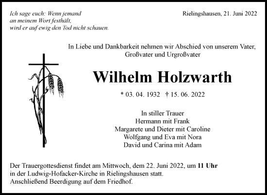Traueranzeige von Wilhelm Holzwarth von Marbacher Zeitung