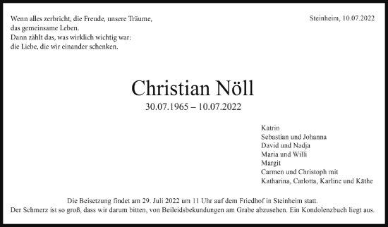 Traueranzeige von Christian Nöll von Marbacher Zeitung