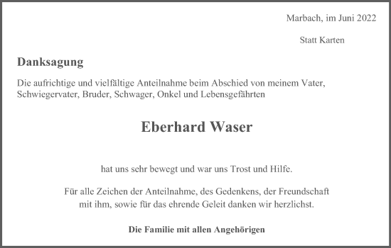 Traueranzeige von Eberhard Waser von Marbacher Zeitung