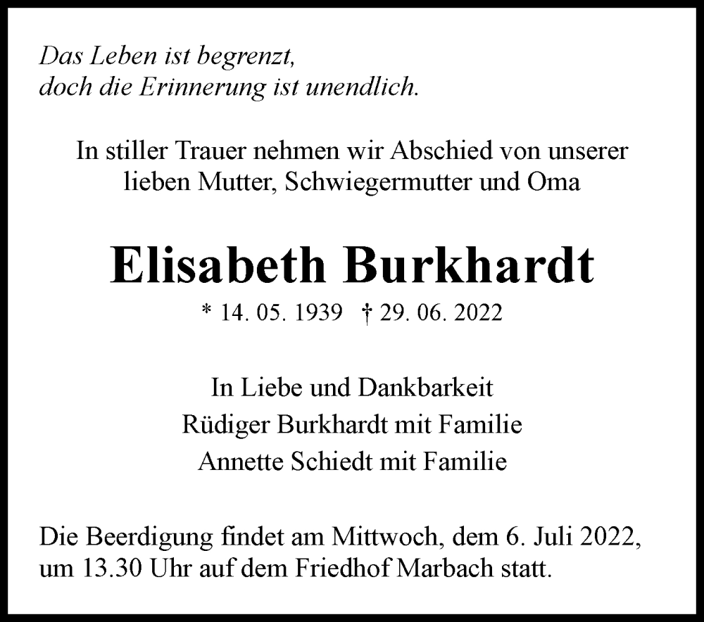 Traueranzeige für Elisabeth Burkhardt vom 04.07.2022 aus Marbacher Zeitung