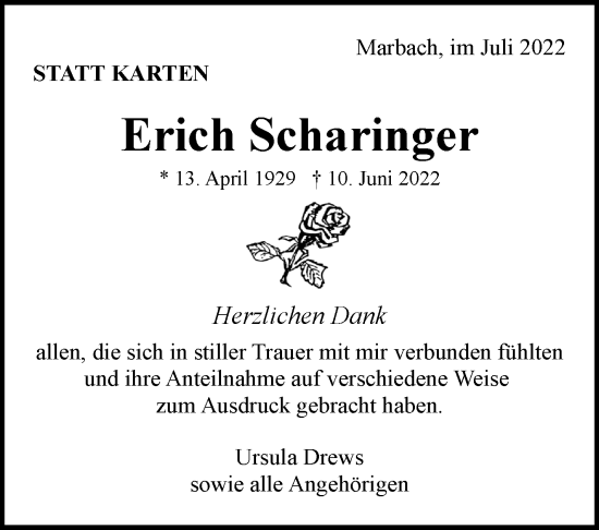 Traueranzeige von Erich Scharinger von Marbacher Zeitung