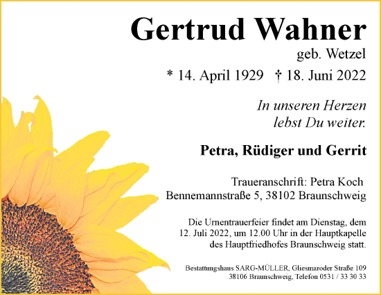 Traueranzeige von Gertrud Wahner von Marbacher Zeitung