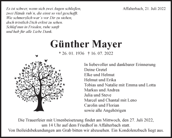 Traueranzeige von Günther Mayer von Marbacher Zeitung