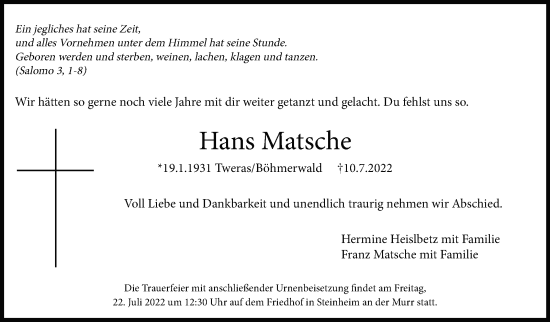 Traueranzeige von Hans Matsche von Marbacher Zeitung