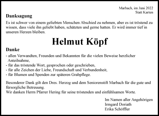 Traueranzeige von Helmut Köpf von Marbacher Zeitung