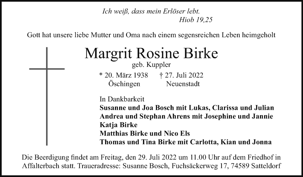  Traueranzeige für Margrit Rosine Birke vom 29.07.2022 aus Marbacher Zeitung