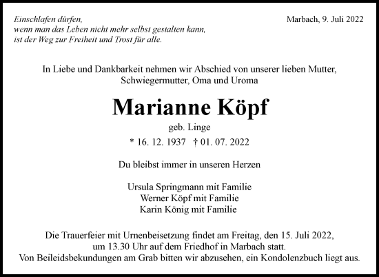 Traueranzeige von Marianne Köpf von Marbacher Zeitung