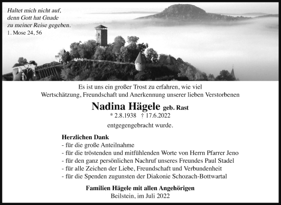 Traueranzeige von Nadina Hägele von Marbacher Zeitung