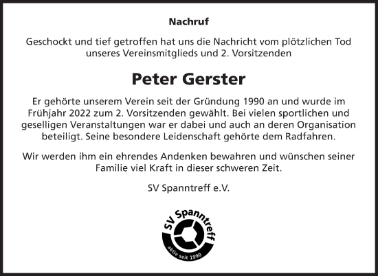 Traueranzeige von Peter Gerster von Marbacher Zeitung