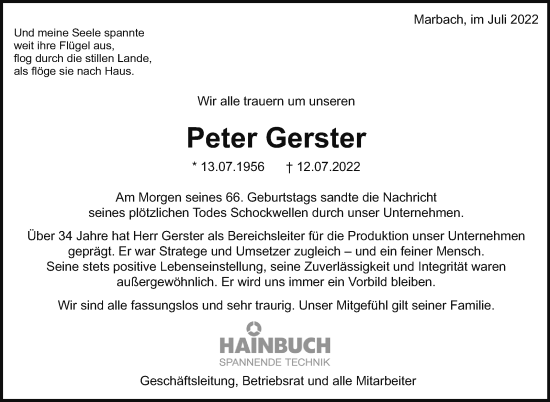 Traueranzeige von Peter Gerster von Marbacher Zeitung