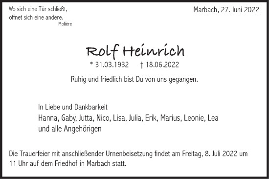 Traueranzeige von Rolf Heinrich von Marbacher Zeitung