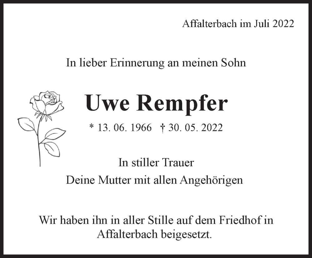  Traueranzeige für Uwe Rempfer vom 05.07.2022 aus Marbacher Zeitung
