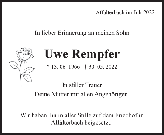 Traueranzeige von Uwe Rempfer von Marbacher Zeitung