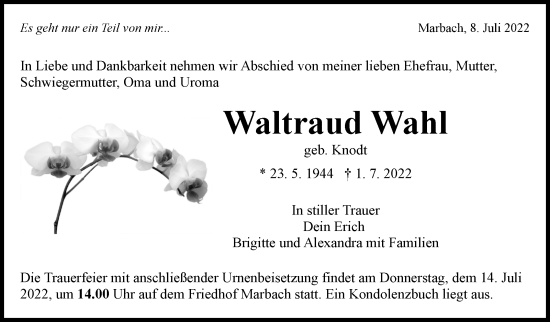 Traueranzeige von Waltraud Wahl von Marbacher Zeitung